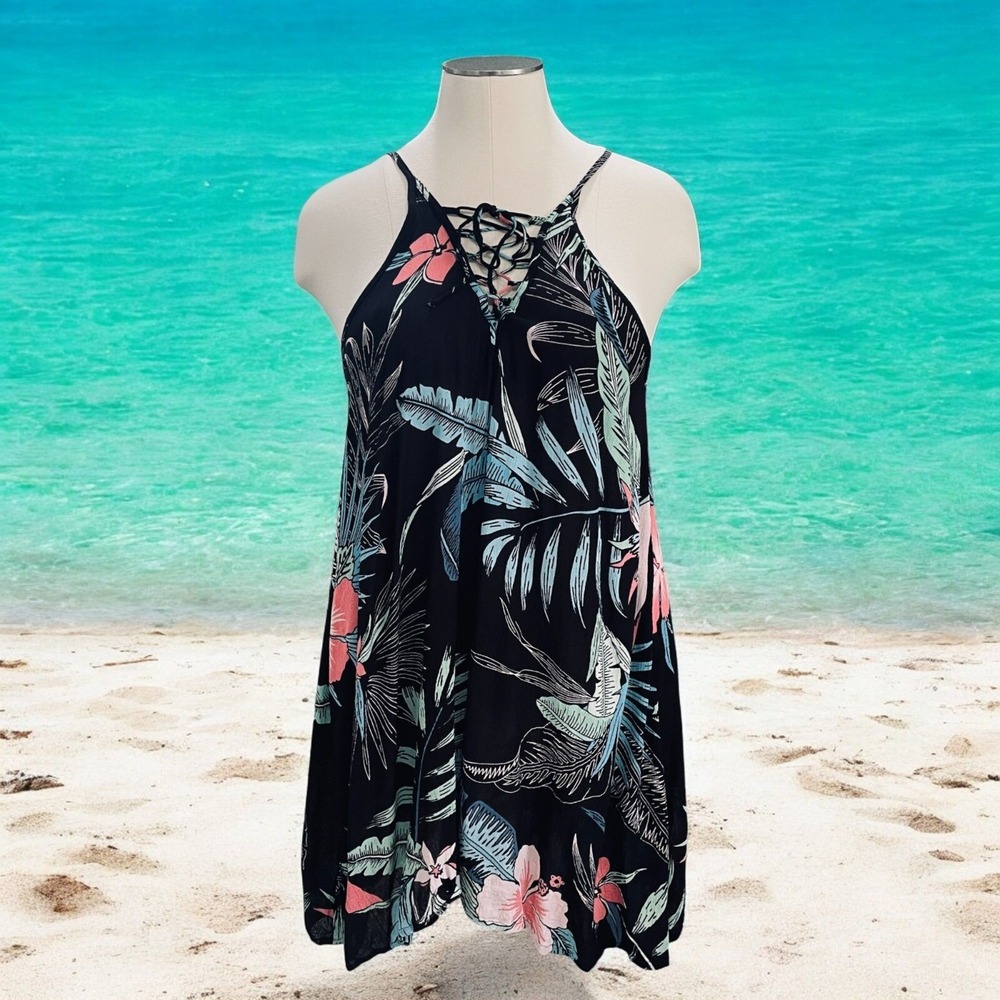 Lagaci XL Tropical Floral Lace-Up Sundress Beach Cover-Up‎ Black Pink Blue Pool